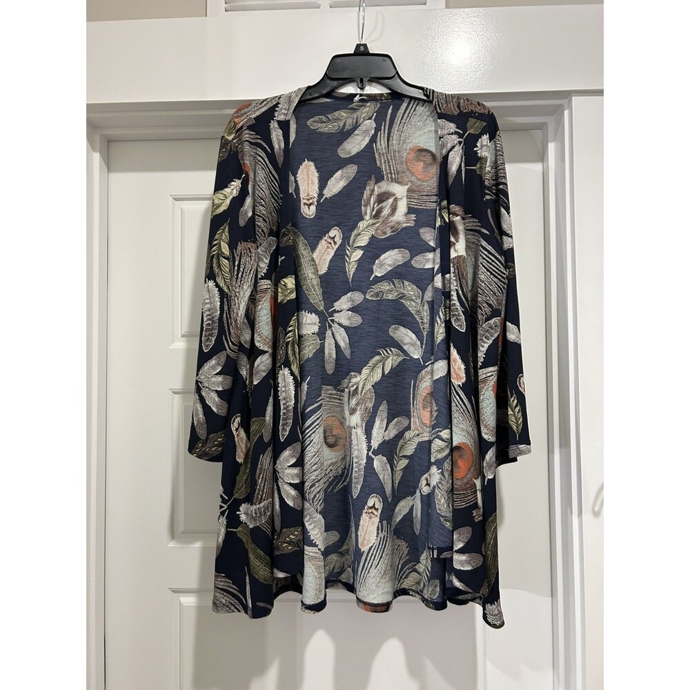 Navy Kimono Cardigan Feather Print Women's Medium Western Boho Concert Festival